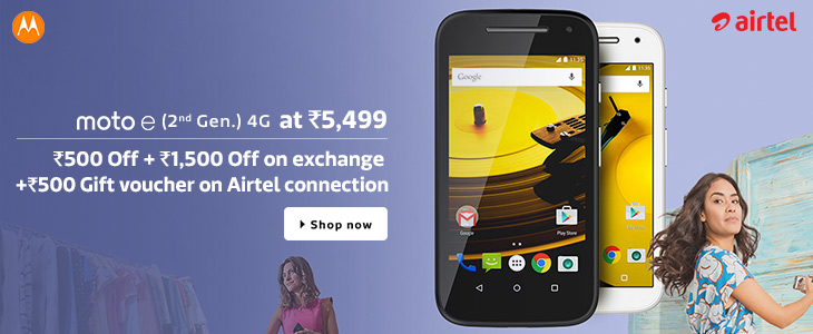 India Desire : Buy Moto E 2nd gen(4G) Mobile At Just Rs 5499[1500 Off On Exchange + 500 Worth Of Flipkart EGV+ Double Data On Airtel]